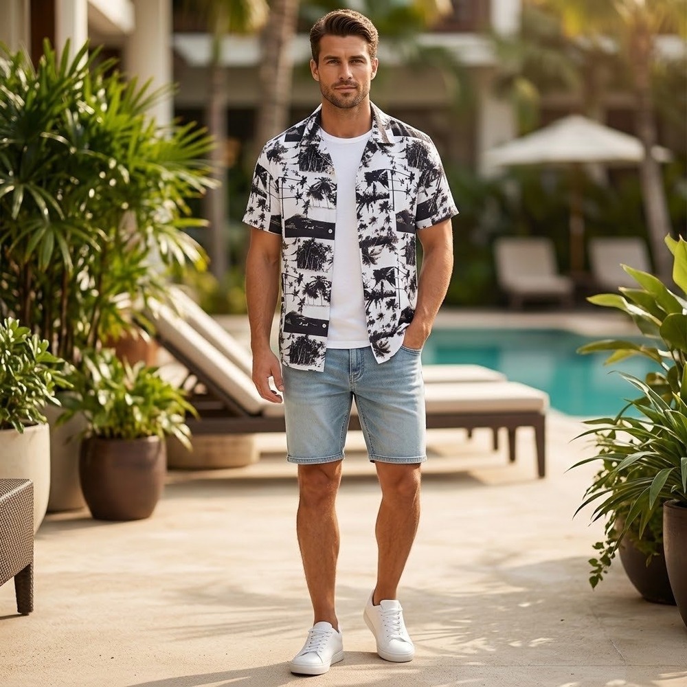 Original Use Mens XL Tropical Button Up Shirt Black Palm Tree Rayon Resort